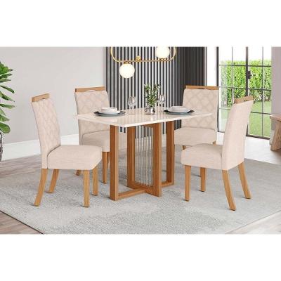 Conjunto Mesa De Cozinha Natalí Com Tampo Madeirado Com Vidro Reto 120x80cm E 4 Cadeiras Bella Nature Linho Henn
