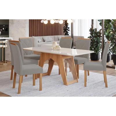 Conjunto Mesa De Cozinha Carol Tampo Madeirado Com Vidro 180x90cm E 6 Cadeiras Fernanda Madeirado Linho Grafite Cimol