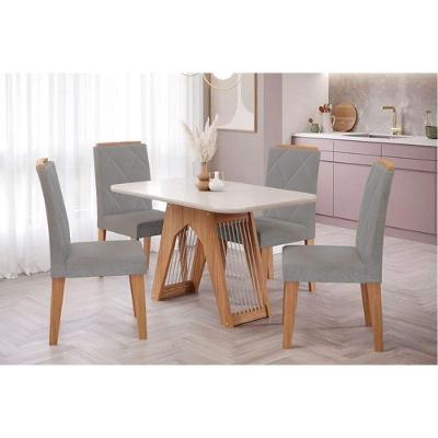 Conjunto Mesa De Cozinha Carol Tampo Madeirado Com Vidro 130x80cm E 4 Cadeiras Fernanda Madeirado Linho Grafite Cimol