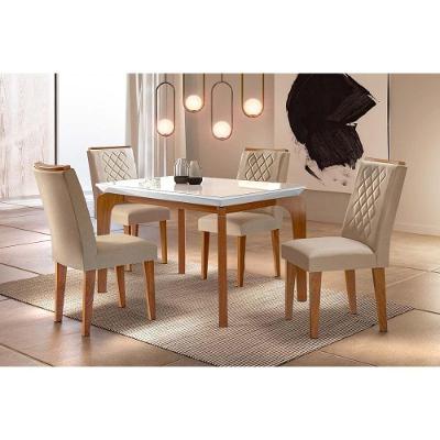 Conjunto Mesa De Cozinha Londrina Tampo Madeirado Com Vidro 120x80cm E 4 Cadeiras Jade Capuccino Suede Creme Rufato