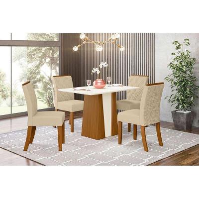 Conjunto Mesa De Cozinha Orus Tampo Madeirado Com Vidro 120x80cm E 4 Cadeiras Vita Nature Linho Henn