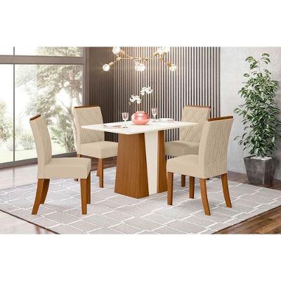 Conjunto Mesa De Cozinha Orus Com Tampo Madeirado 120x80cm E 4 Cadeiras Vita Nature Off White Linho Bege Henn