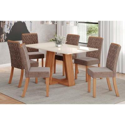 Conjunto Mesa De Cozinha Lins Com Tampo Madeirado Com Vidro 160x90cm E 6 Cadeiras Esther Nature Linho Cacao Henn