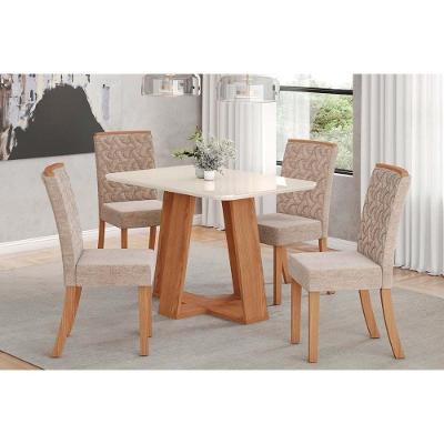 Conjunto Mesa De Cozinha Lins Com Tampo Madeirado Com Vidro Curvo 120x80cm E 4 Cadeiras Esther Nature Linho Creme Henn