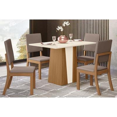 Conjunto Mesa De Cozinha Orus Com Tampo Madeirado 120x80cm E 4 Cadeiras Milla Nature Off White Suede Marrom Henn