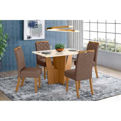 Conjunto Mesa De Cozinha Vértice Tampo Madeirado Com Vidro Canto Reto 120x80cm E 4 Cadeiras Bella Nature Amêndoa Henn