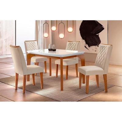 Conjunto Mesa De Cozinha Londrina Tampo Madeirado Com Vidro 120x80cm E 4 Cadeiras Jade Capuccino Suede Creme Rufato
