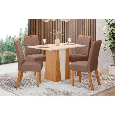 Conjunto Mesa De Cozinha Orus Com Tampo Madeirado 120x80cm E 4 Cadeiras Bella Nature Off White Suede Marrom Henn