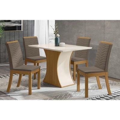 Conjunto Mesa De Cozinha Luiza Tampo Madeirado Com Vidro Reto 120x80cm E 4 Cadeiras Isa Nature Suede Light Bege Henn