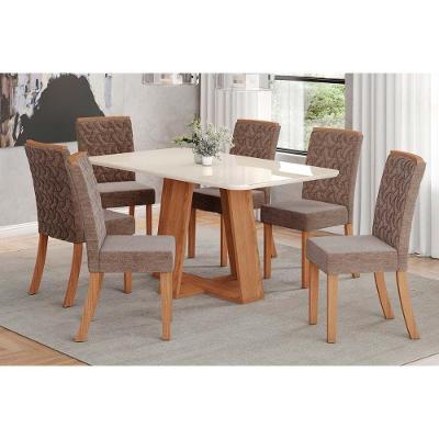 Conjunto Mesa De Cozinha Lins Com Tampo Madeirado Com Vidro Curvo 160x90cm E 6 Cadeiras Esther Nature Linho Cacao Henn