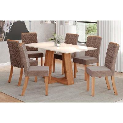 Conjunto Mesa De Cozinha Lins Com Tampo Madeirado Reto 160x90cm E 6 Cadeiras Esther Nature Linho Cacao Henn
