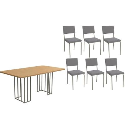 Conjunto Mesa De Cozinha Duina Com Tampo De Madeira 160cm E 6 Cadeiras Zaria Niquel Freijó Suede Cinza Kappesberg