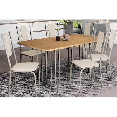 Conjunto Mesa De Cozinha Duina Com Tampo De Madeira 160cm E 6 Cadeiras Lisboa Niquel Freijó Courano Bege Kappesberg