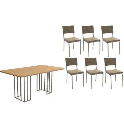 Conjunto Mesa De Cozinha Duina Com Tampo De Madeira 160cm E 6 Cadeiras Zaria Niquel Freijó Suede Bege Kappesberg