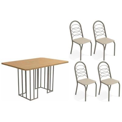 Conjunto Mesa De Cozinha Duina Com Tampo De Madeira 136cm E 4 Cadeiras Holanda Niquel Freijó Courano Bege Kappesberg
