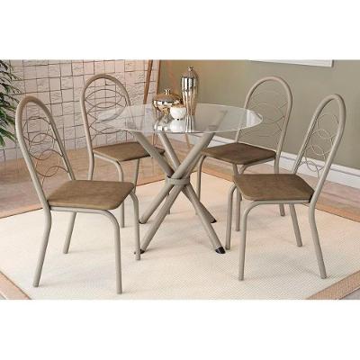 Conjunto Mesa Sala Jantar Volga Com Tampo De Vidro 95cm E 4 Cadeiras Holanda Niquel Capuccino Kappesberg