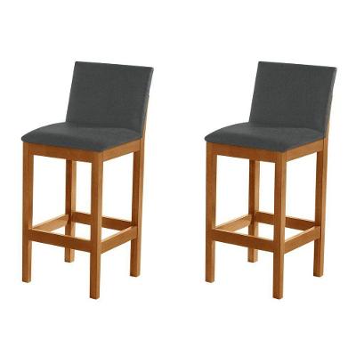 Kit 2 Banquetas Alta Pérola Com Encosto Estofada Em Veludo Cinza Madeira Maciça Castanho