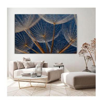 Quadro Folhas E Flores Dente De Leão Em Fundo Azul C- Moldura Marrom E Vidro Tamanho:90 X 60 Cm