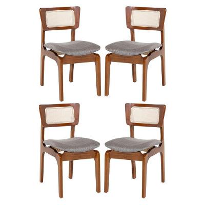 Kit 4 Cadeiras De Jantar Portugal Madeira Imbuia Com Encosto Tela Rattan Linho Cinza L55
