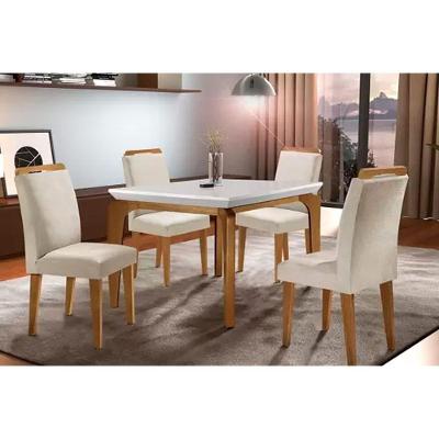 Conjunto Mesa De Cozinha Londrina Tampo Madeirado Com Vidro 120x80cm E 4 Cadeiras Athenas Capuccino Suede Creme Rufato