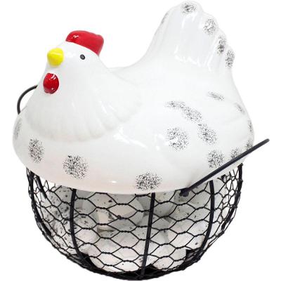 Cesto Galinha Porta Ovos Cerâmica Decorativo 12 Ovos Branco