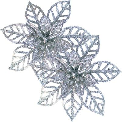 Kit 16 Flores Prata Gliter Decoração árvore De Natal De 14cm