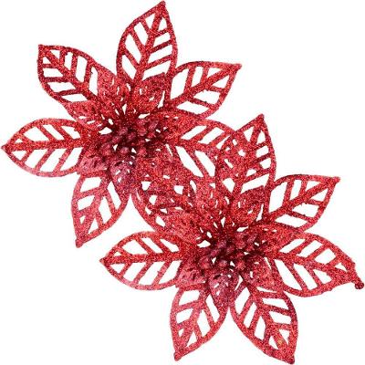 Kit 8 Flores Vermelha Gliter Decoração árvore De Natal 14cm