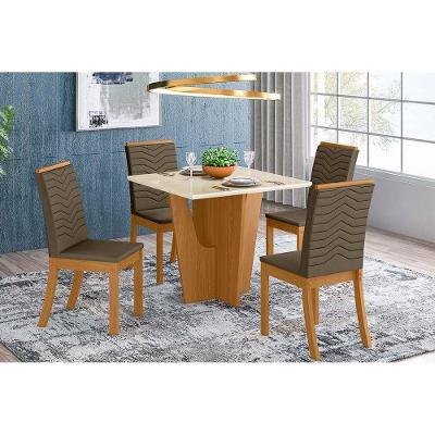 Conjunto Mesa De Cozinha Vértice Tampo Madeirado Com Vidro 90x90cm E 4 Cadeiras Isa Nature Suede Light Bege Henn