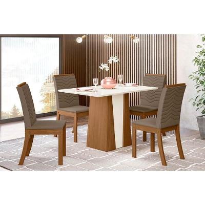 Conjunto Mesa De Cozinha Orus Tampo Madeirado Com Vidro 120x80cm E 4 Cadeiras Isa Nature Suede Light Bege Henn