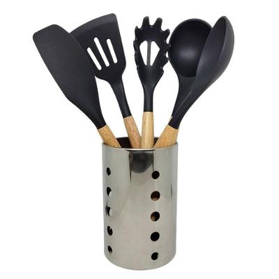 Jogo 6 Utensílios Cozinha Silicone Preto Cabo Madeira E Porta Utensílios Inox Prime