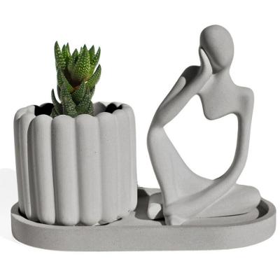 Conjunto Decorativo 3 Peças Estátua Pensadora Vaso Tulipa E Bandeja Cinza