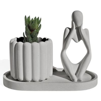 Conjunto Decorativo 3 Peças Estátua Pensadora Vaso Tulipa E Bandeja Cinza