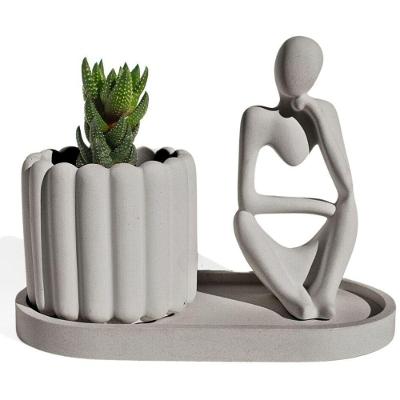 Conjunto Decorativo 3 Peças Estátua Pensadora Vaso Tulipa E Bandeja Cinza