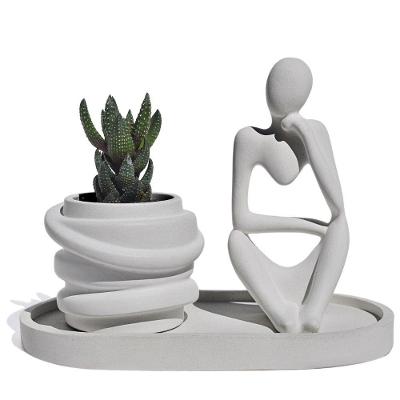 Conjunto Decorativo 3 Peças Estátua Pensadora Vaso Saturno Bandeja Cinza