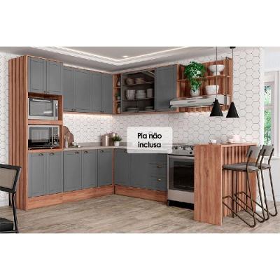 Cozinha Modulada Completa Bella 9 Peças 3 Aéreos + 3 Balcões + 1 Torre Quente+1ilha + 1 Complemento C9p201 Nogal Cinza