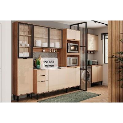 Cozinha Modulada Completa Alpha 6 Peças 2 Aéreos + 2 Balcões+ 1 Paneleiro + 1 Torre Quente C6p79 Freijó Off White