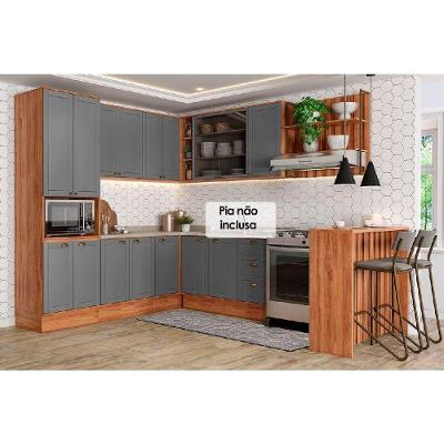 Kit Cozinha Modulada 9 Peças Bella 3 Aéreos + 3 Balcões + 1 Torre Quente+1ilha + 1 Complemento C9p200 Nogal Cinza-carraro