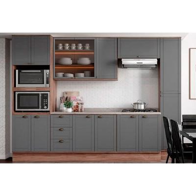 Kit Cozinha Modulada 7 Peças Bella 2 Aéreos + 2 Balcões+ 1 Paneleiro + 1 Torre Quente + 1 Complemento C7p198 Nogal Cinza
