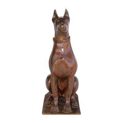Escultura Cachorro Doberman Ferro Decoração Envelhecido 90cm