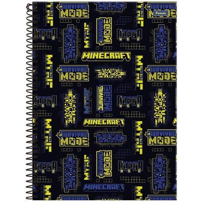 Caderno Universitário Minecraft Foroni Capa Dura Espiral - 1 Matéria 80 Folhas Preto