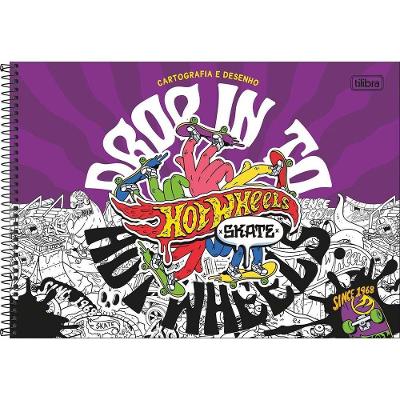 Caderno De Desenho Hot Wheels Skate Tilibra Capa Dura Espiral - 80 Folhas Skate Fundo Roxo