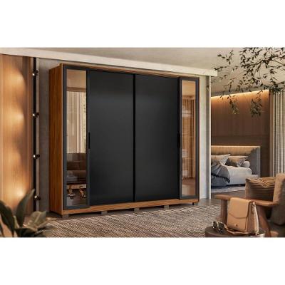 Guarda Roupa 4 Portas De Correr E 4 Gavetas C- 2 Vidros Reflecta E Pés Laredo Flex Nogueira-nogueira Ou Preto - Demóbile