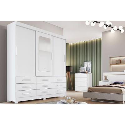 Guarda Roupa 3 Portas (1 C- Espelho) E 9 Gavetas Buriti-jequitibá Branco - Novo Horizonte