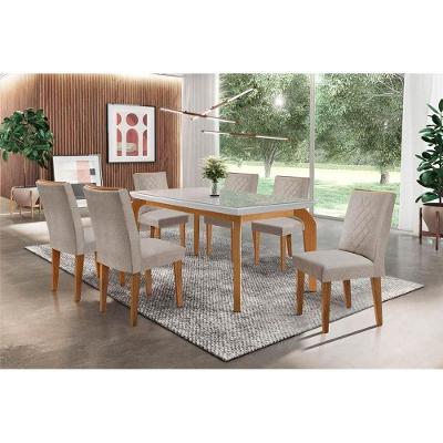 Conjunto Mesa De Cozinha Londrina Tampo Madeirado Com Vidro 180x90cm E 6 Cadeiras Jade Capuccino Suede Creme Rufato