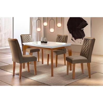 Conjunto Mesa De Cozinha Londrina Tampo Madeirado Com Vidro 120x80cm E 4 Cadeiras Jade Imbuia Suede Capuccino Rufato
