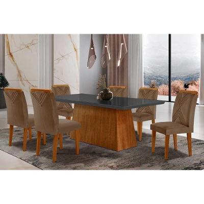 Sala De Jantar Completa Luna Tampo Madeirado C- Vidro Reto 180x90 E 6 Cadeiras Amsterdã Imbuia - Veludo Capuccino - Rufato