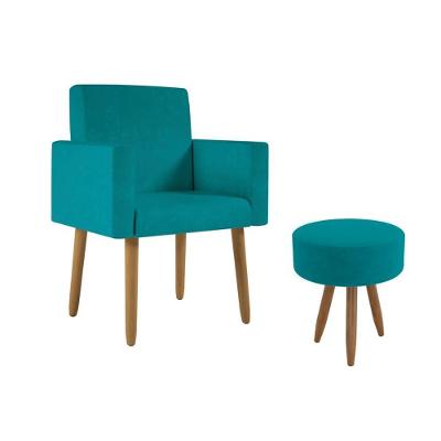 Poltrona Decorativa Cadeira Recepção Com Puff Balaqui Decor Azul Turquesa