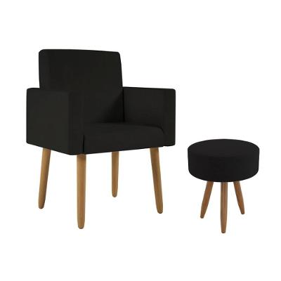 Poltrona Decorativa Cadeira Recepção Com Puff Balaqui Decor Preto