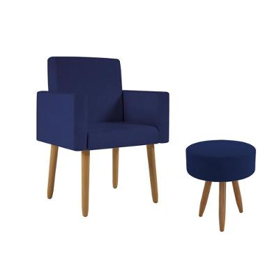 Poltrona Decorativa Cadeira Recepção Com Puff Balaqui Decor Azul Marinho