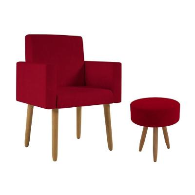Poltrona Decorativa Cadeira Sala Com Puff Balaqui Decor Vermelho